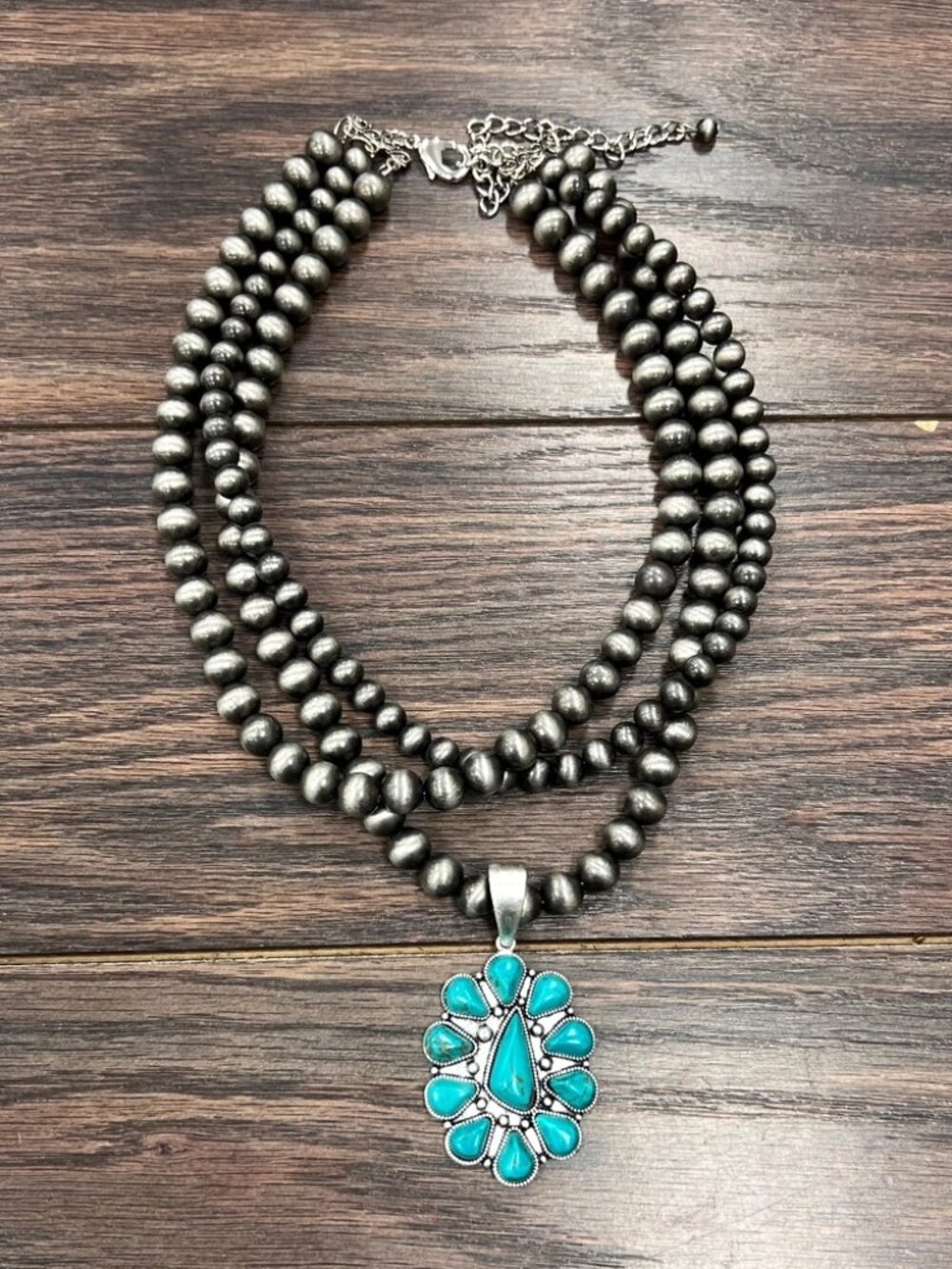3 Strand Navajo Pearl Necklace Turquoise Pendant Western Boho Rodeo